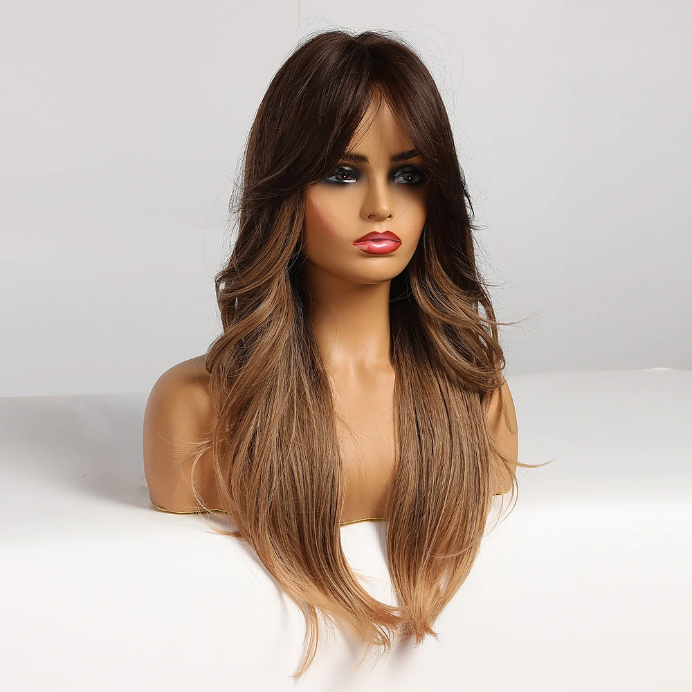 Длинные волнистые коричневые синтетические парики Омбре натуральные волосы для