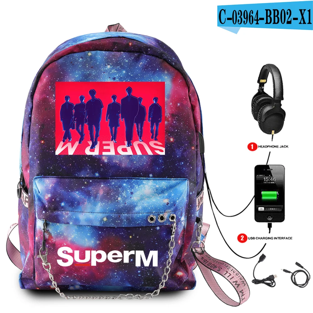 SuperM рюкзак KPOP крутой логотип команды стильный с подвесным орнаментом с USB молнией модный рюкзак для путешествий - Цвет: BB02