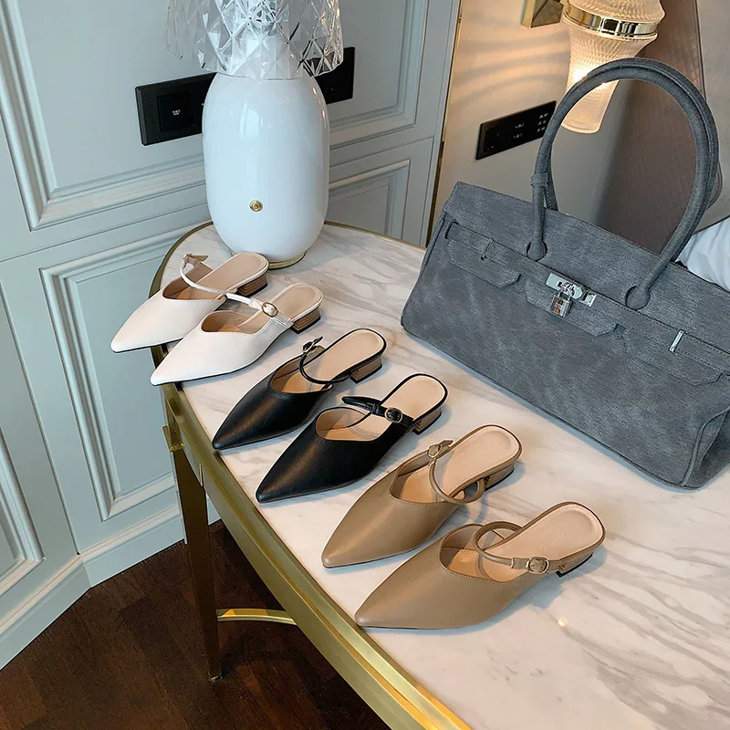 

Fashion Women Sandals Slippers Pointed Toe Slides Slip On Mules Shoes Thick Mid Heels 2021 Summer Casual Slippers Slides Pumps