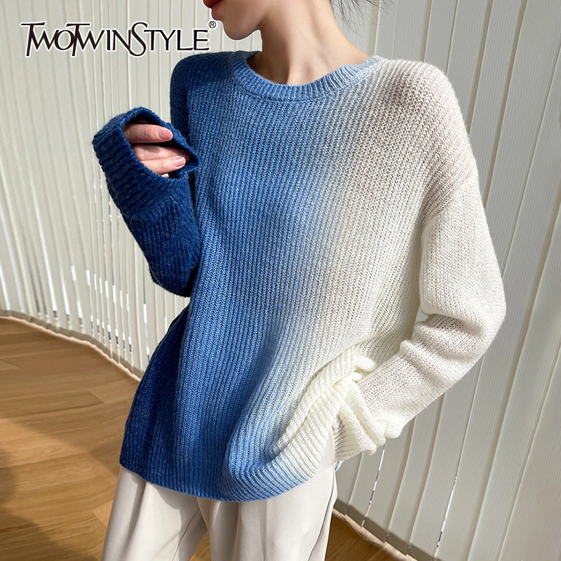 

TWOTWINSTYLE Patchwork Colorblock Sweater For Female O Neck Long Sleeve High Waist Loose Women's Casual Sweater Fashion Autumn