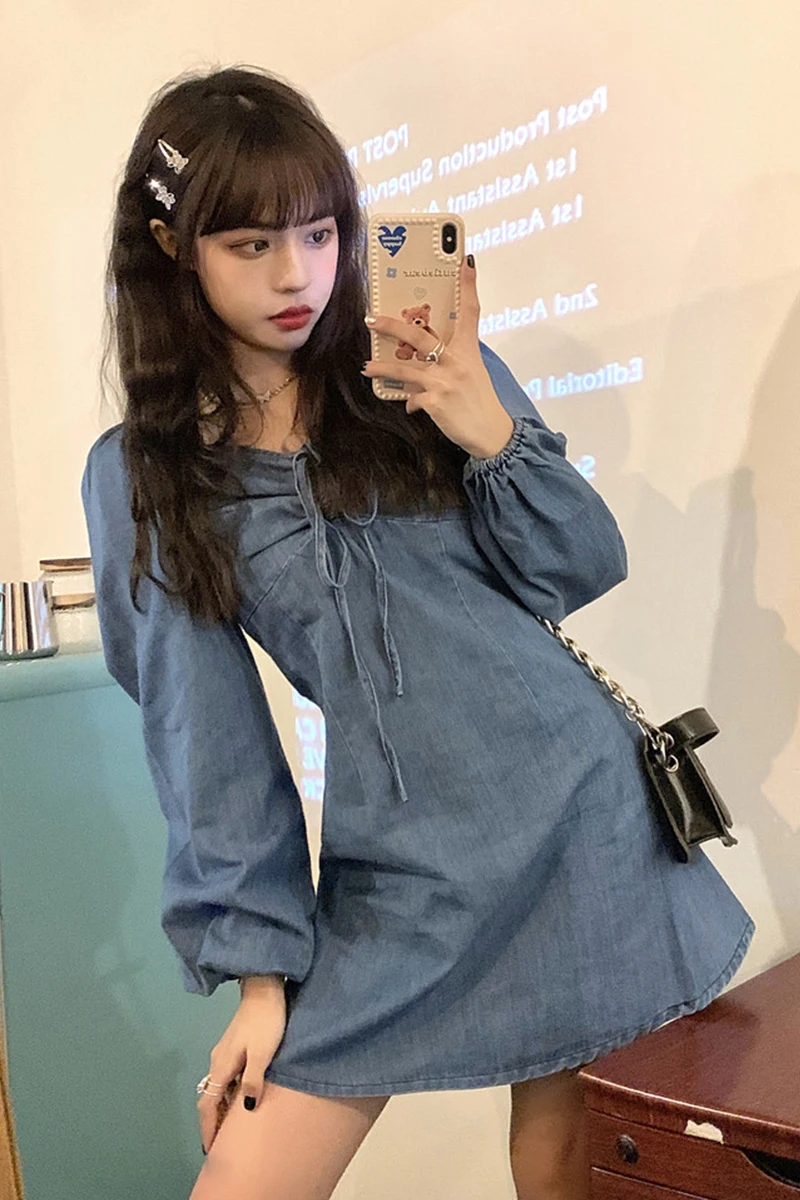 

Denim dress women spring 2021 new French temperament drawstring small waist slim skirt