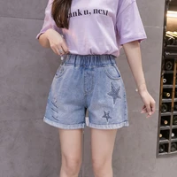 jean shorts women 2021 summer denim short embroidery solid casual high elastic waist ladies curly shorts jeans plus size