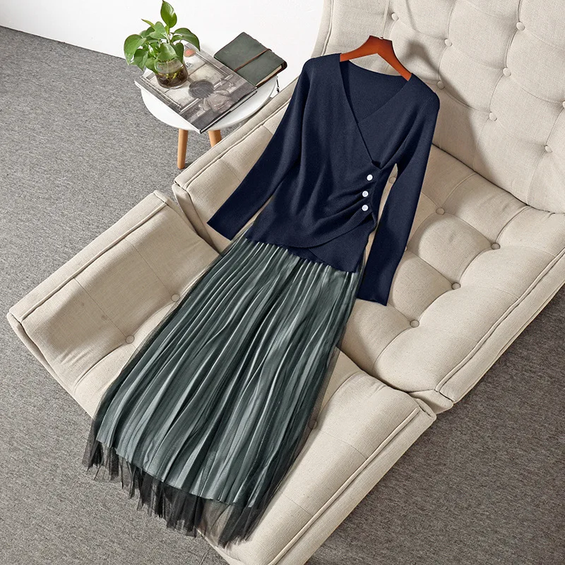 

Autumn Ladies Elegant Office Set 2021 Women Vintage V-neck Long Sleeve Knitted Top and Draped Long Skirt Two Piece Set