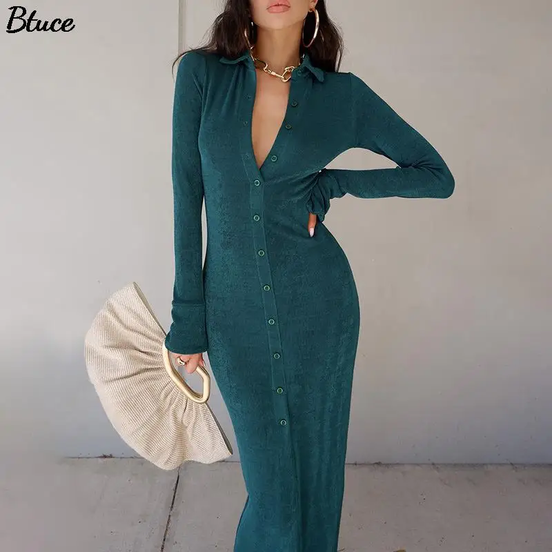

2021 Autumn Women Solid Sexy V Neck Button Up Knitted Split Dresses Elegant Female Long Sleeve Bodycon Party Maxi Dresses