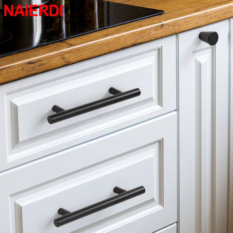 naierdi 20pcs stainless steel t bar furniture handle brushed gold kitchen handle black cabinet pull with cuttable bamboo screw free global shipping