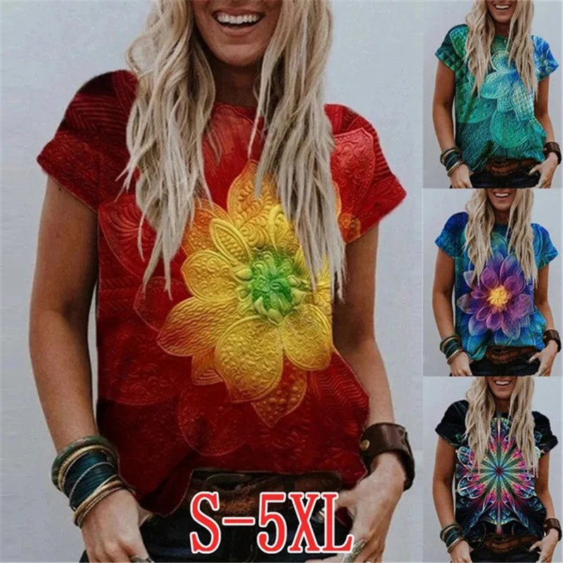 

Women's Fashion 2021 Summer Round Neck Casual Loose Floral Printed Flower T Shirt Tie Dye Tops Female Plus Size Short Sleeve