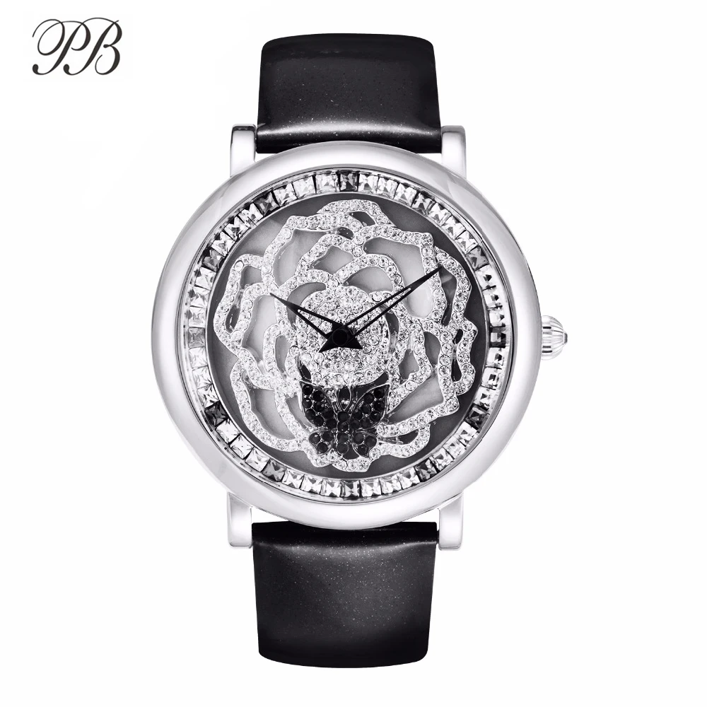 PB часы женские наручные с вращающимся цветком бабочка кристалл кожаный ремешок
