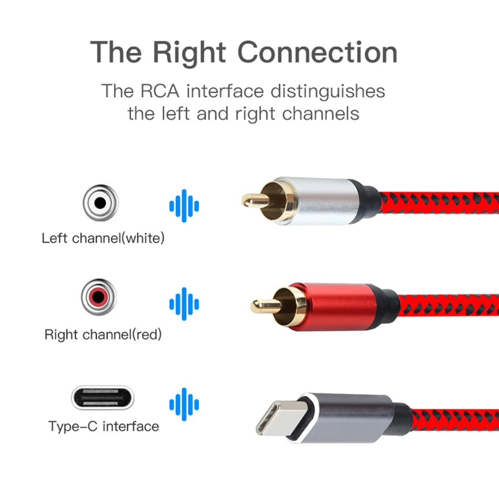 Аудиокабель с разъемом USB Type C на 2 штекера RCA изящный дизайн прочный аудиокабель