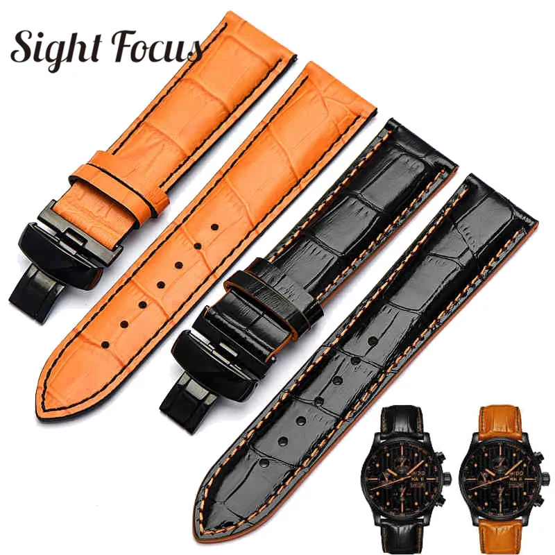 

22mm 23mm Leather Watch Band for Mido Multifort M005 Series M005930 Strap Men Orange Bracelet Black Buckle Male Watchband Gents