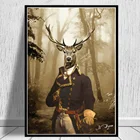 Картина на холсте с изображением оленя в туманном лесу, настенный постер и принты животных в костюме, забавная картина для украшения комнаты