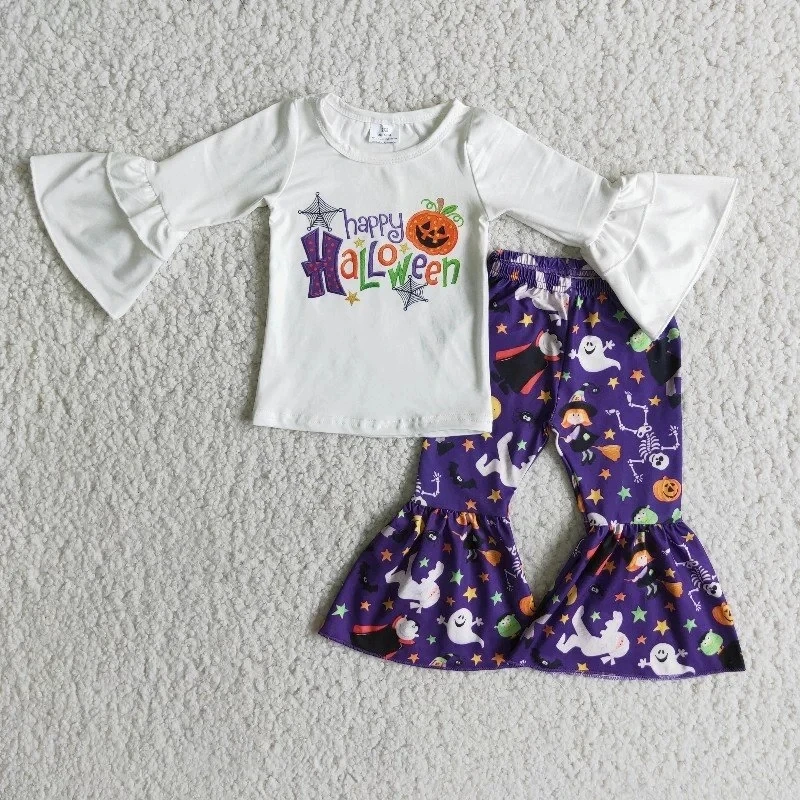 

Wholesale Boutique Children Halloween Clothing White Long sleeves Shirt Purple Bells Pants Outfit Baby Boy Fashion Pajamas Set