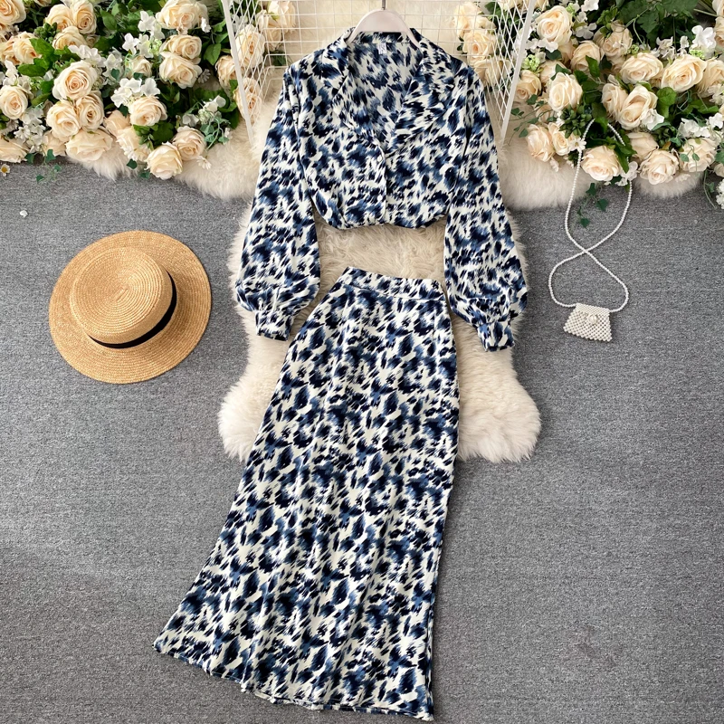 SINGRAIN Women Autumn Fashion Retro Print Set Turn-down Collar Single Breasted Blouses + High Waist Long Skirt Two Pieces |