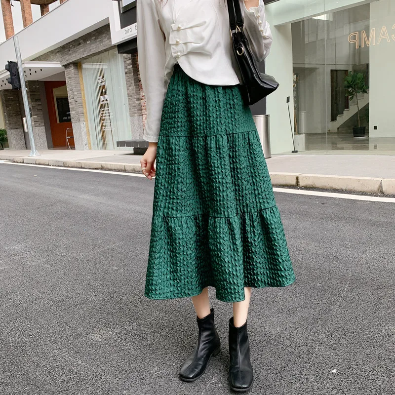 

Женская длинная юбка с завышенной талией, Повседневная Свободная однотонная тонкая юбка с буффами в стиле ретро, Осень-зима 2022