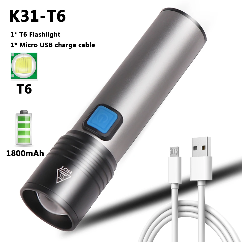 Фонарик светодиодный Аккумуляторный с зарядкой от USB и встроенным литиевым аккумулятором на 1200 мА · ч - изображение