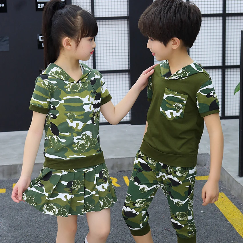 Костюм детский Камуфляжный в стиле милитари с капюшоном и шортами/юбкой|Военный|