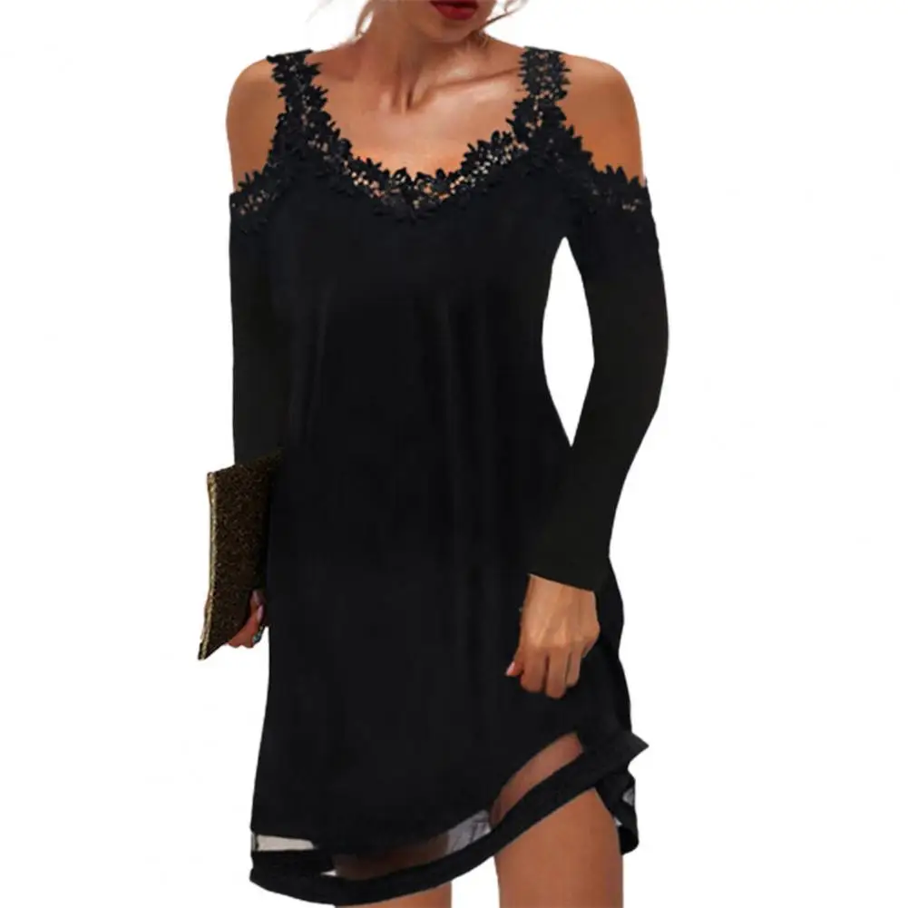 

Off Shoulder Long Sleeve Christmas Casual Dresses Mesh Yarn Patchwork Off Shoulder Lace Sling Lady Party Dress for Women 2021