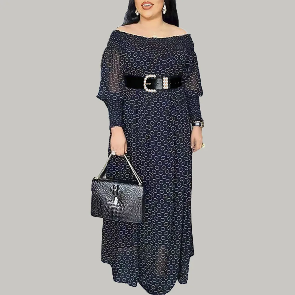 

Autumn 2021 Dress Fashion Sexy Europe America African Strapless One Word Collar Long Sleeve Wave Point Printing Women's