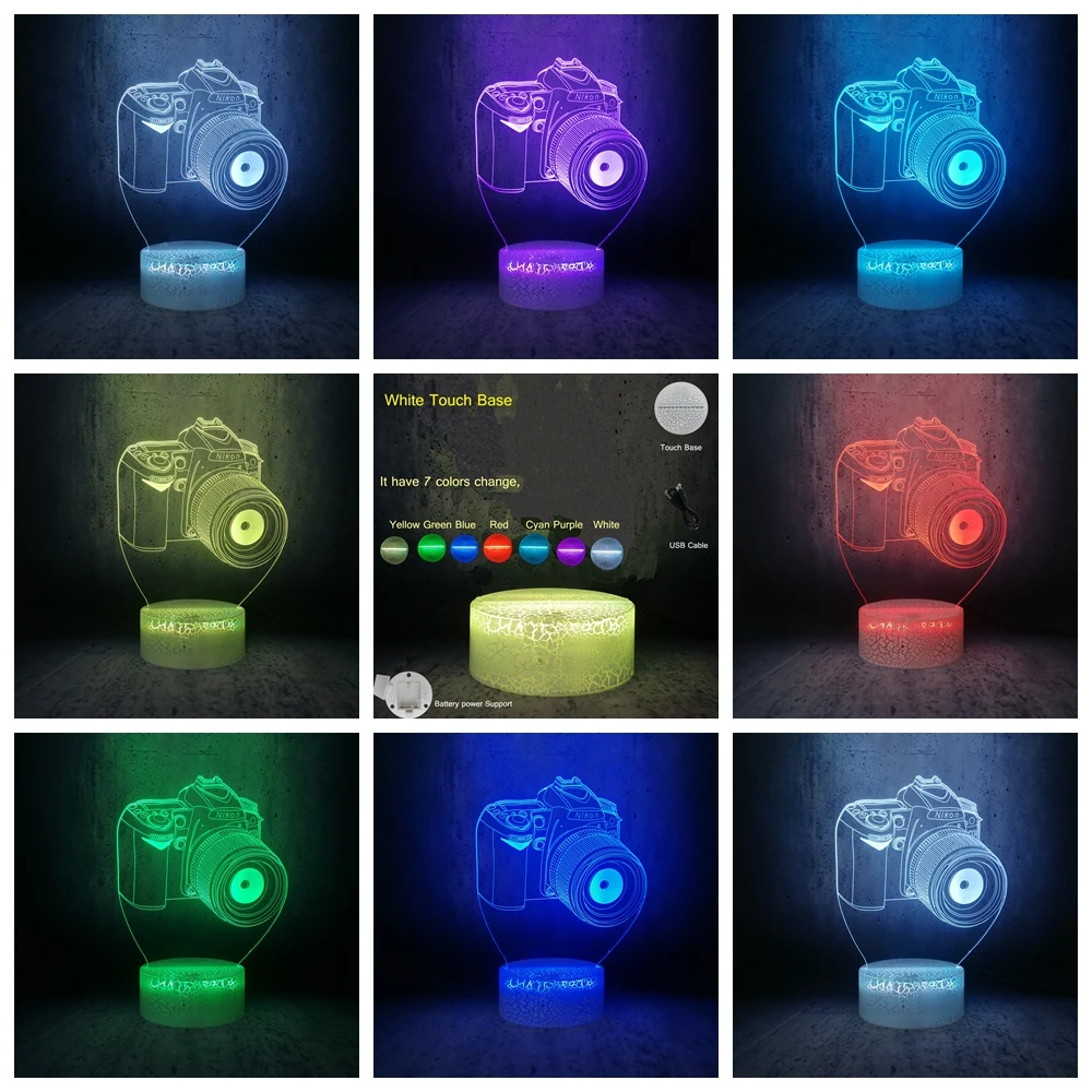 Crack touch 7color Светодиодный светильник Nikon camera, светильник ing, креативный 3D светодиодный USB светильник, ночник, подарки для подростков, декор для комнаты, настольная лампа, подарок для фотографов - Испускаемый цвет: Crack touch 7color