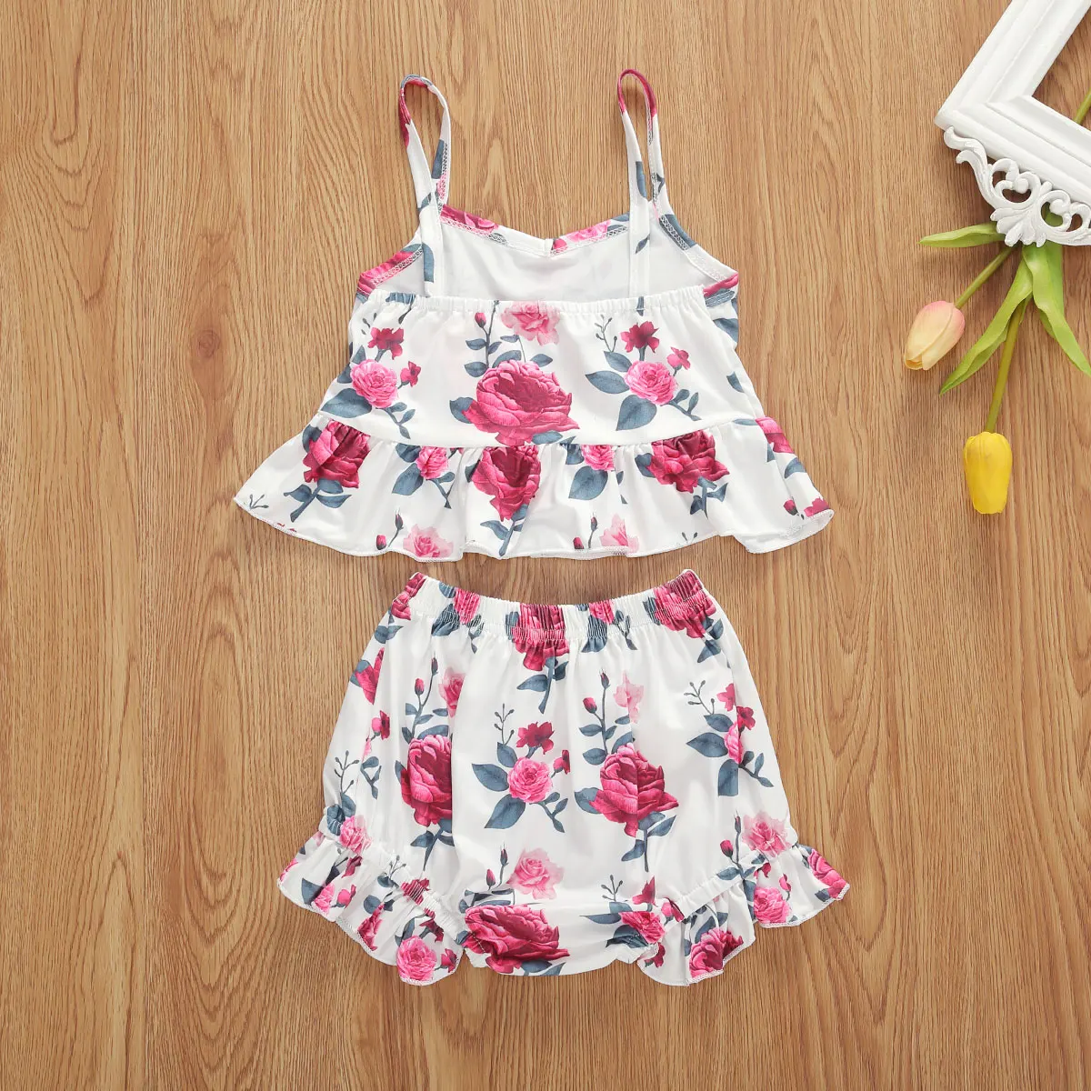 6M-4T Children Fashion Print Two-piece Outfit Ruffle Tank Top Shorts Casual Style Clothes 2Pcs | Детская одежда и обувь