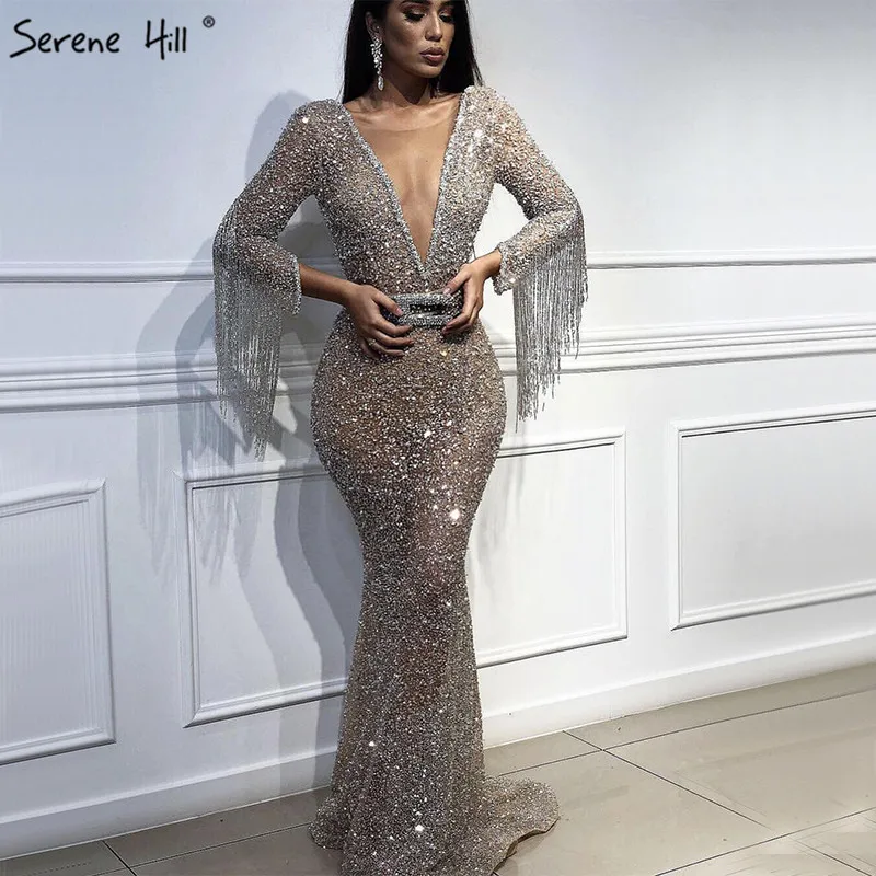 Роскошные вечерние платья Дубая с длинными рукавами и бахромой 2020 пикантные V