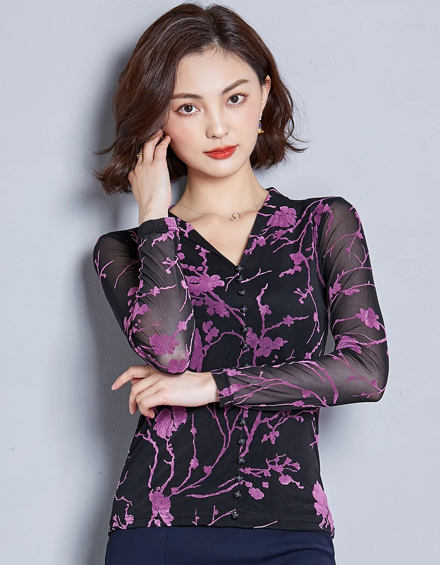 blusas mujer de moda autumn print long sleeve camisa V-neck purple mesh shirt blouse women tops plus size casual blusas
