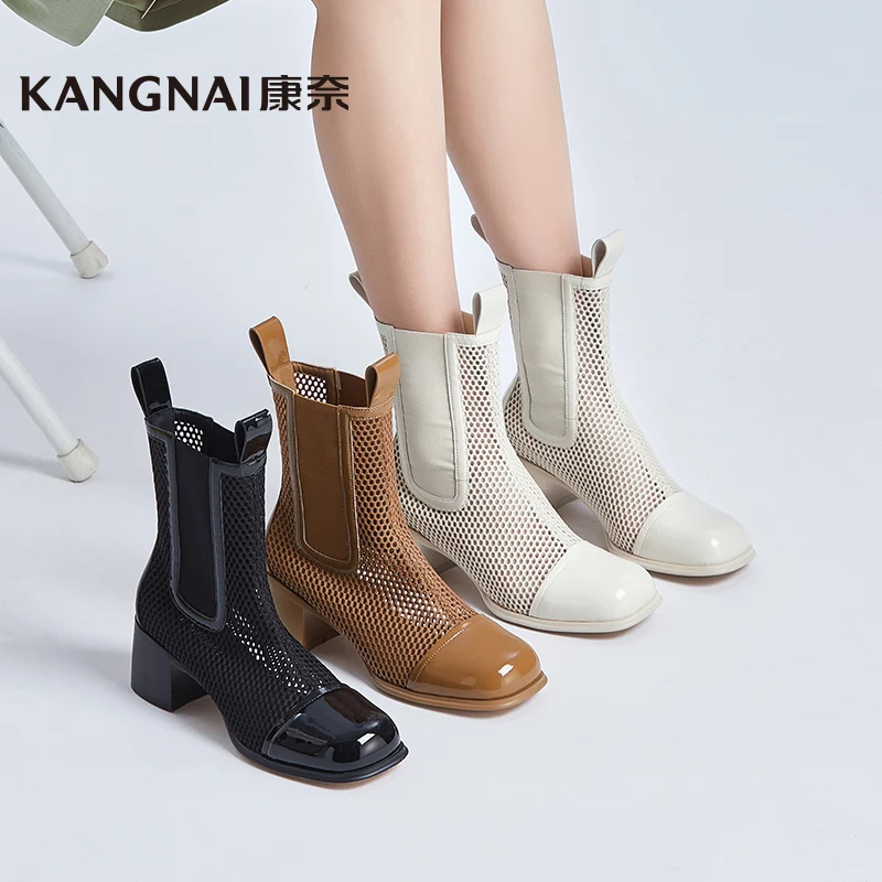 

Ботильоны KANGNAI, летняя женская обувь, сетчатая женская обувь с квадратным носком, современные босоножки на высоком каблуке