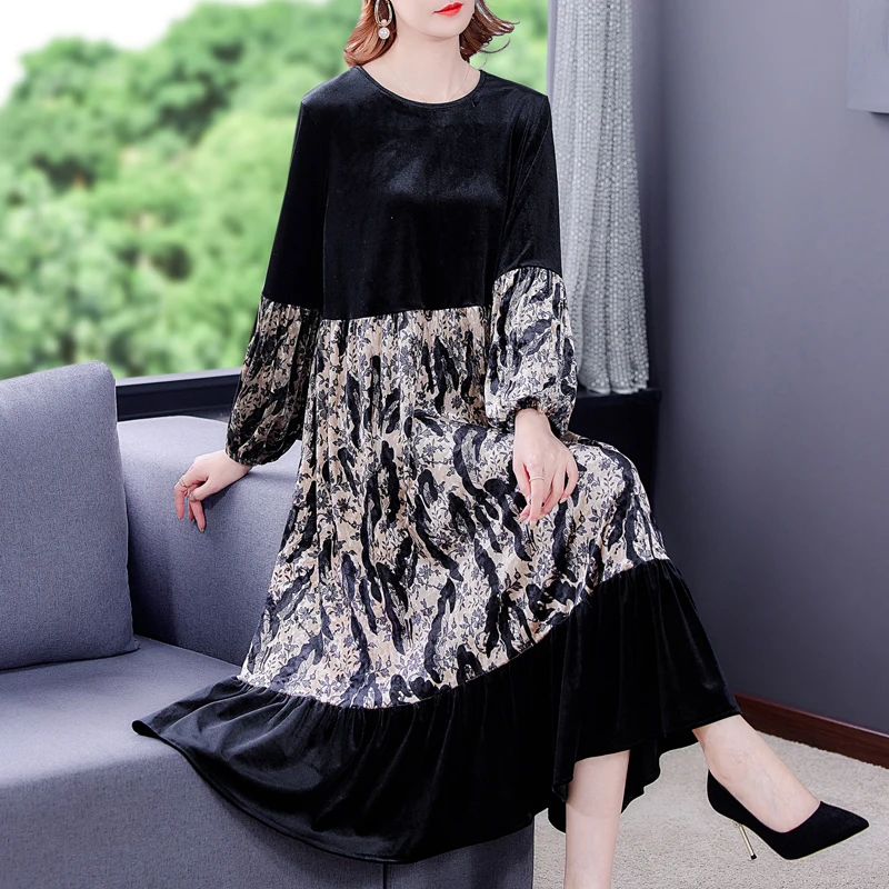 2023 Black Velvet Patchwork Floral Maxi Dress Autumn Winter Korean Vintage Casual Robe Women Elegant Bodycon Office Lady Dresses