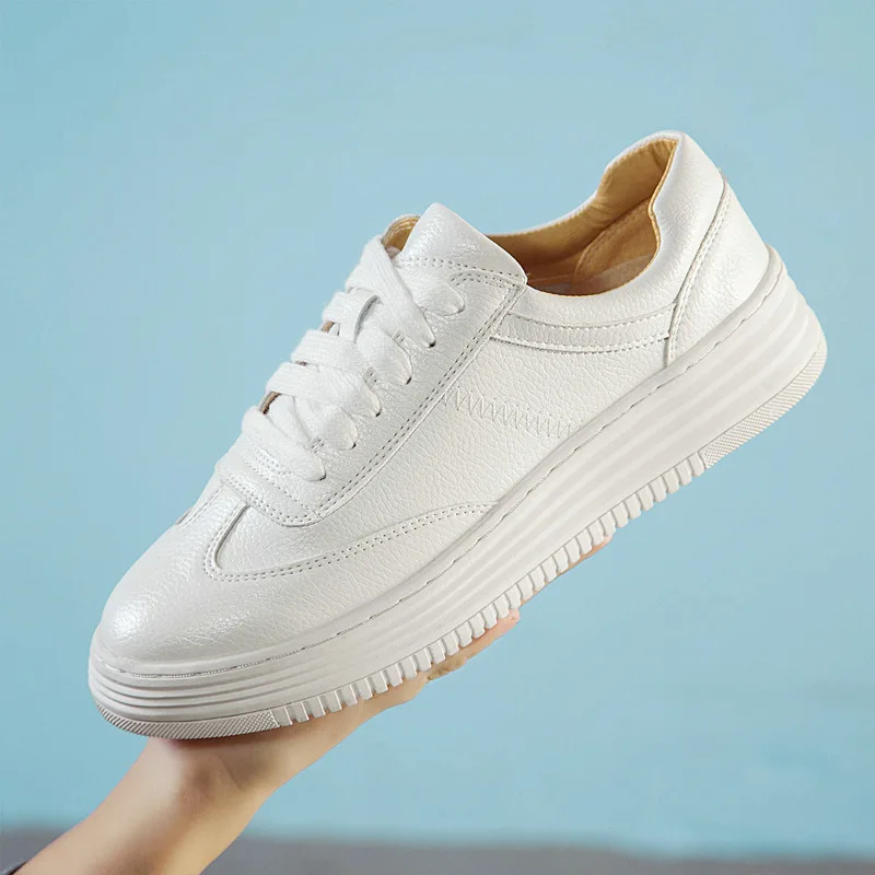 2020 Women Leather Vulcanized Shoes Flat Casual Lightweight White Increased In The Leisure Sports Shoes, Ladies Fashion Shoes