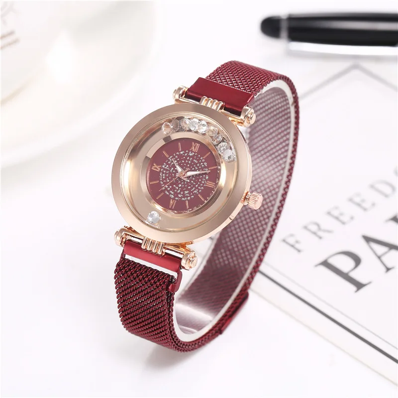 

Часы женские кварцевые с сетчатым браслетом, модные на присоске, с магнитным ремешком, с римскими цифрами, с шариком из розового золота, звез...