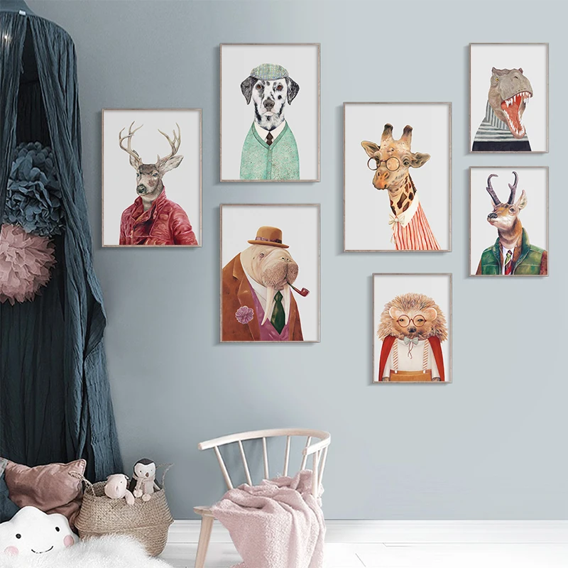 

Modern Cute Animals Canvas Printings Painting Deer Dog Rhino Wall Art Poster Pictures for Office Study Room Home Decoration