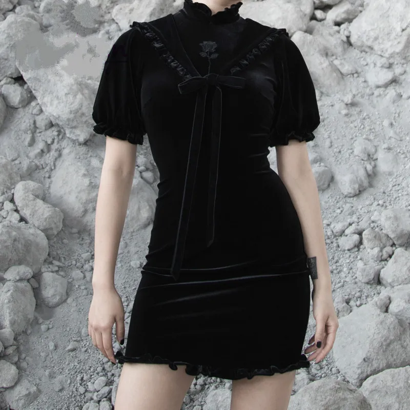 Женское бархатное платье-Ципао с рукавами-фонариками и вышивкой розы | Женская