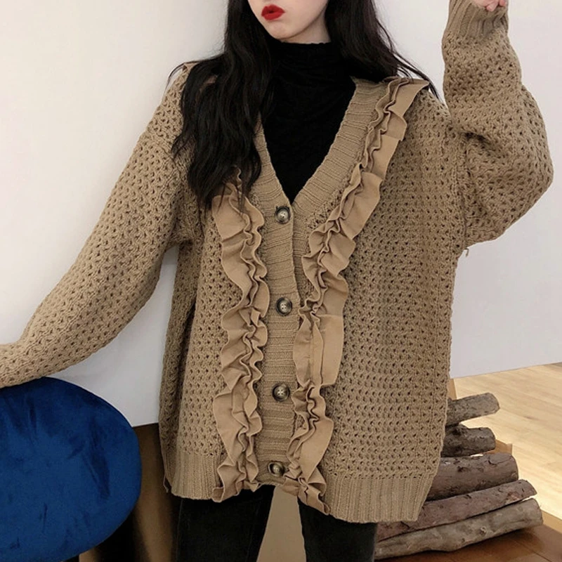 RealShe Ruffles Knitted Sweater Cardigan V-neck Long Sleeve Buttons Solid Female Spring Casual Elegant Women |