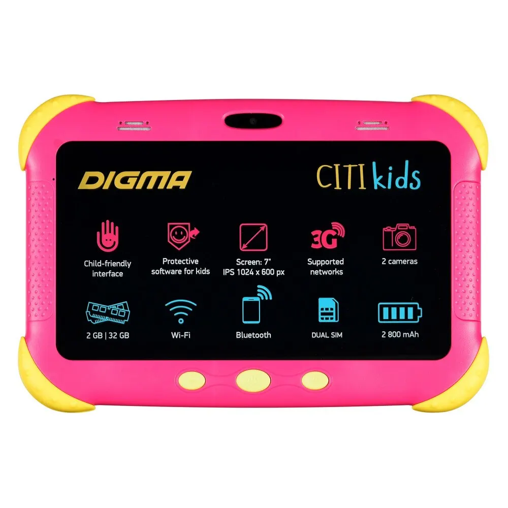 Планшет Digma CITI Kids 1158517 / 2Гб 32Гб 7 "IPS 1024x600 3G WiFi BT Android 9.0 microSDHC 64Гб 2800мАч CS7216MG розовый Планшеты Компьютер.