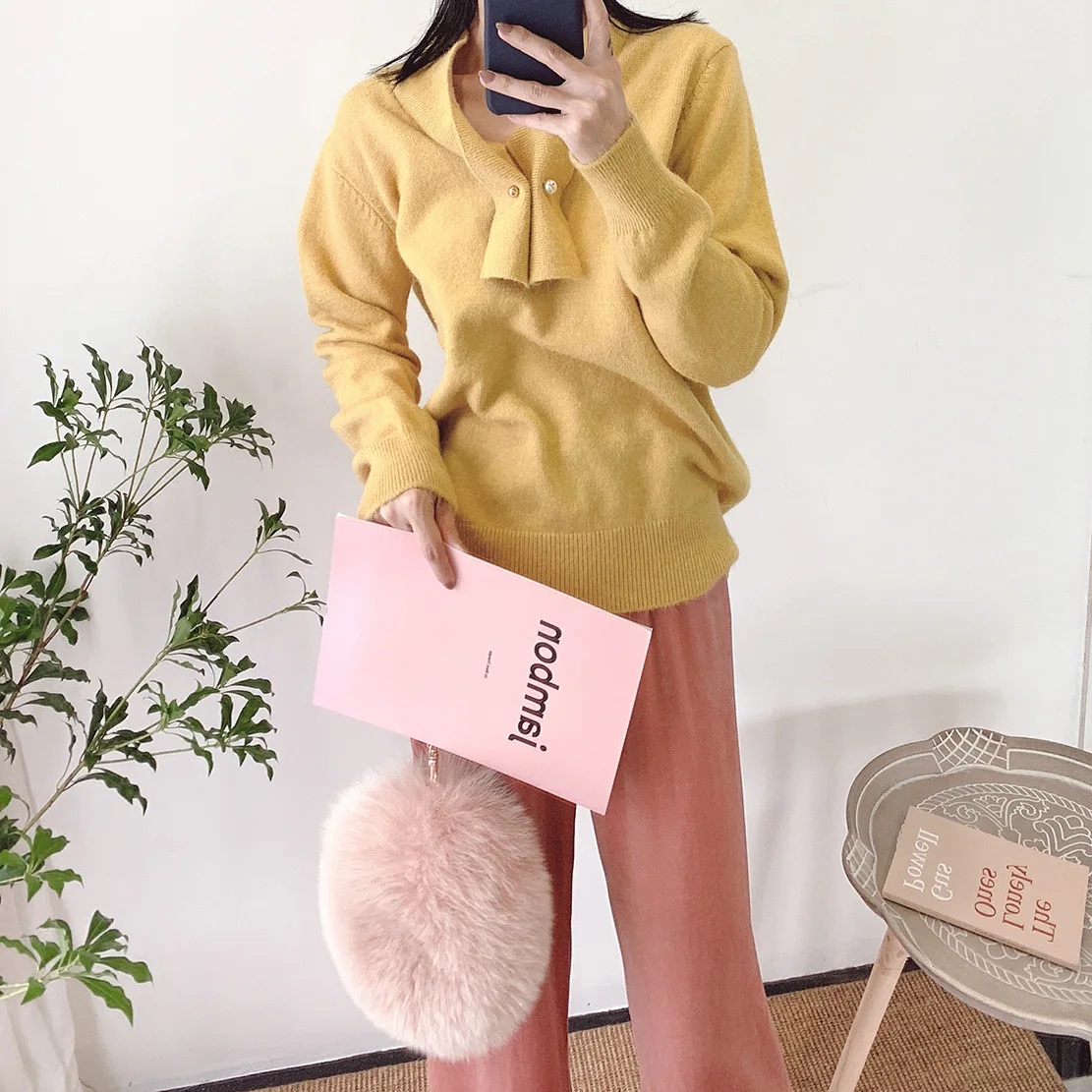 Женский свитер пуловер из кроличьей шерсти с длинным рукавом вязаный