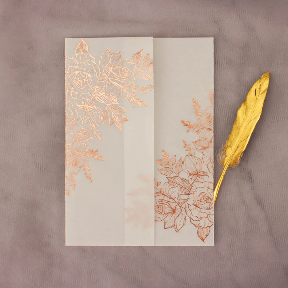 

100pcs Vellum Wedding Invitations Cards Rose Gold Foil Bridal Shower Invite Envelopes Gilding Gold Stamping Foil Birthday Party