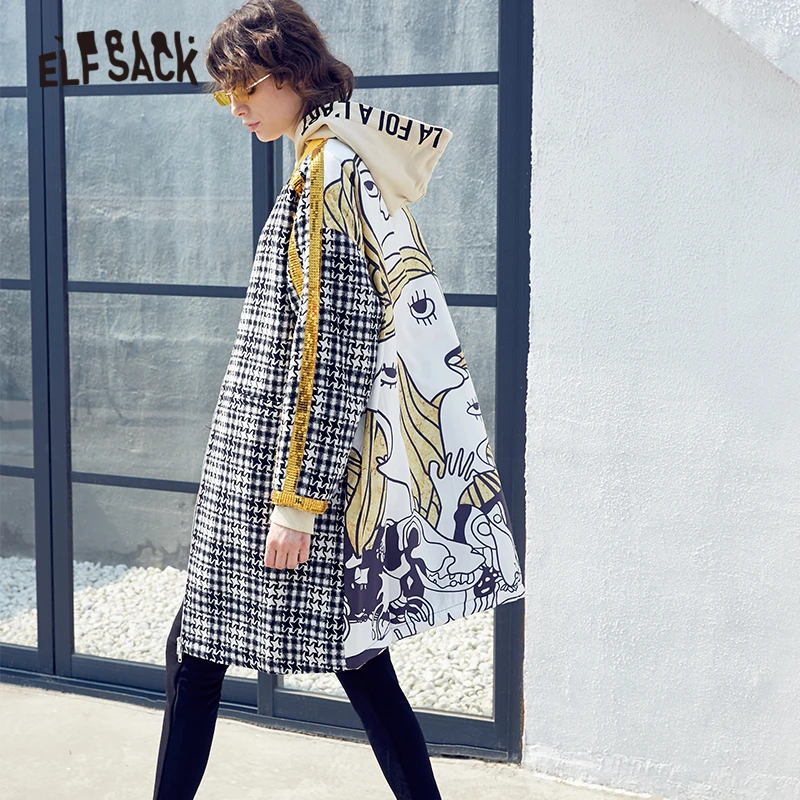 Женская Длинная ветровка ELFSACK черная шерстяная куртка в клетку с принтом из