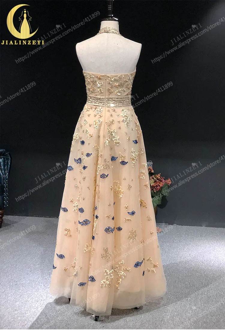 Rhine real Pictures Halter beads Sequins floor length платья женские dress women evening dress long formal dresses