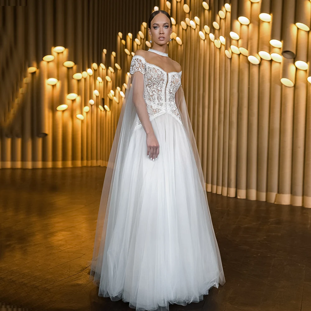 

Unusual A-Line Wedding Dress With Sleeve Off Shoulder Lace V-Neck Illusion Back Vestidos De Novia Tulle Bridal Gowns 2021