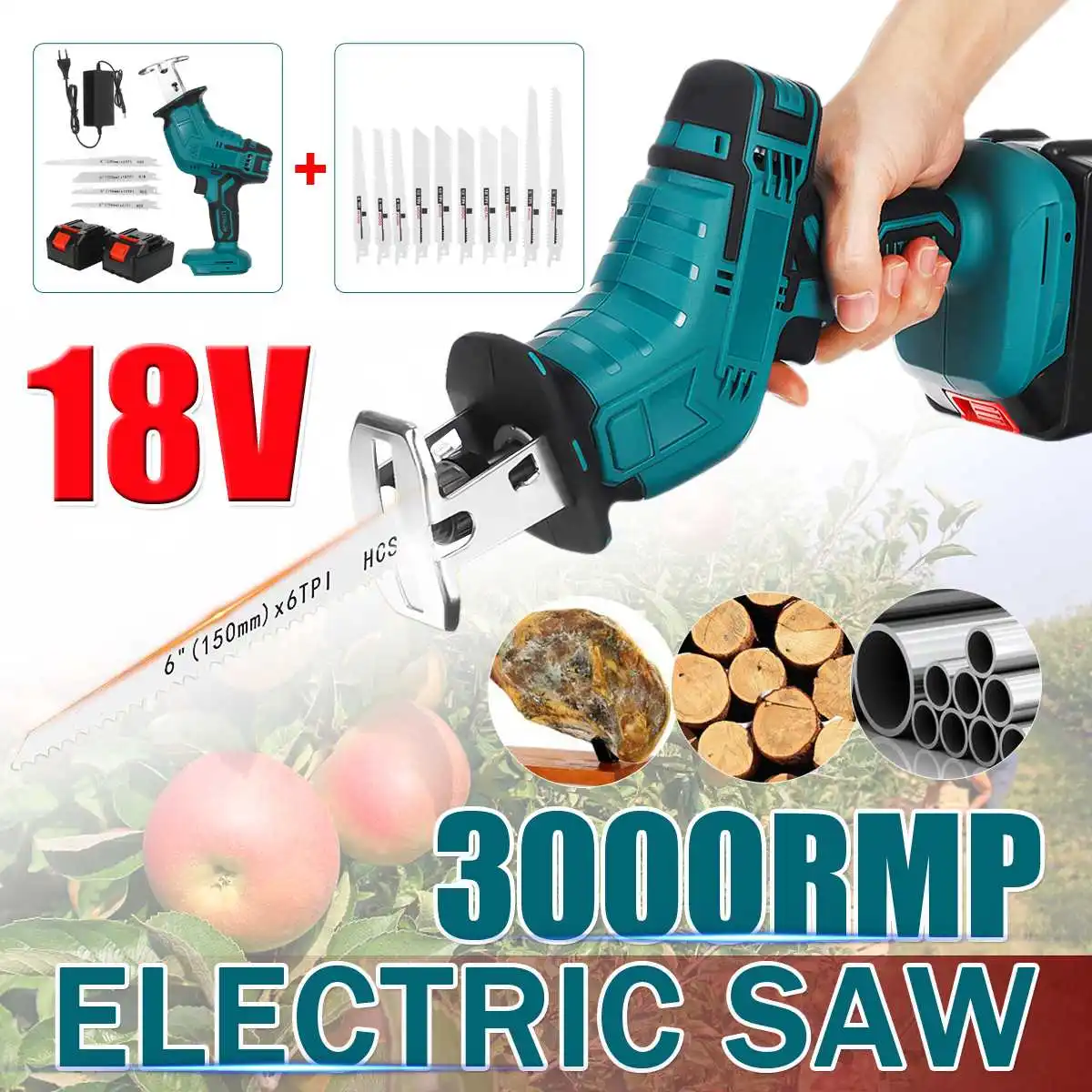 

18V Cordless Reciprocating Saw Handsaw Saber Saw Multifunction Saw for Metal Wood Pipe Cutting Saw w/1/2 Batterys +4 Blades Kit