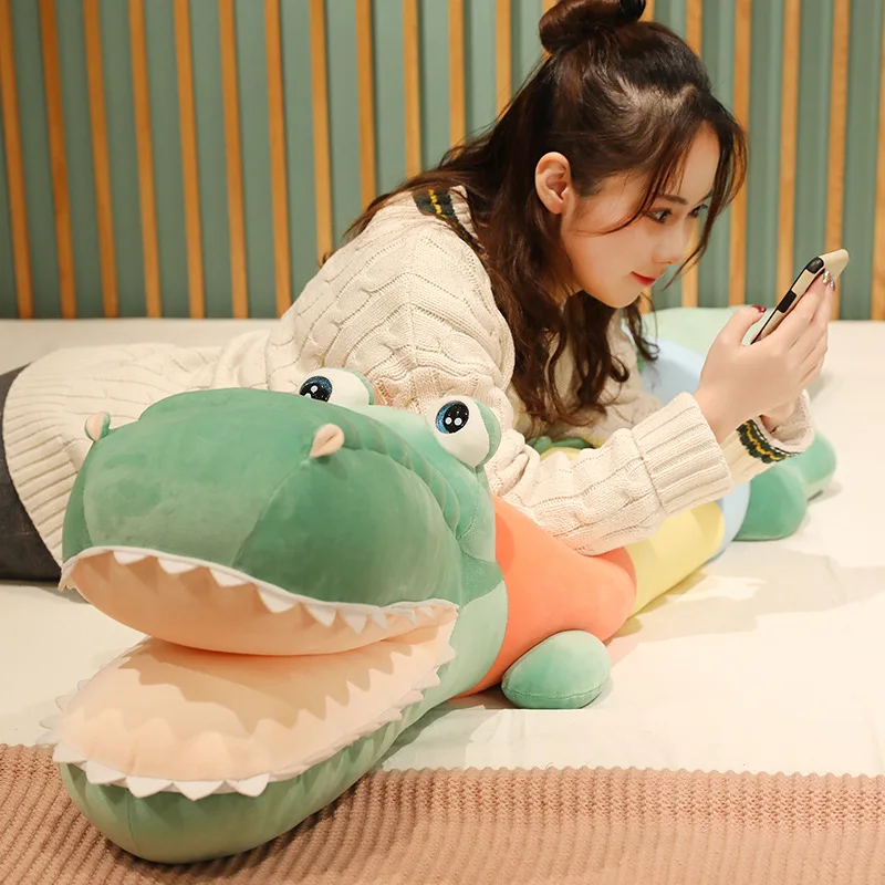 

1pc 75/95cm cute rainbow crocodile plush pillow toy fur stuffed animal cushion kids gift home decoration