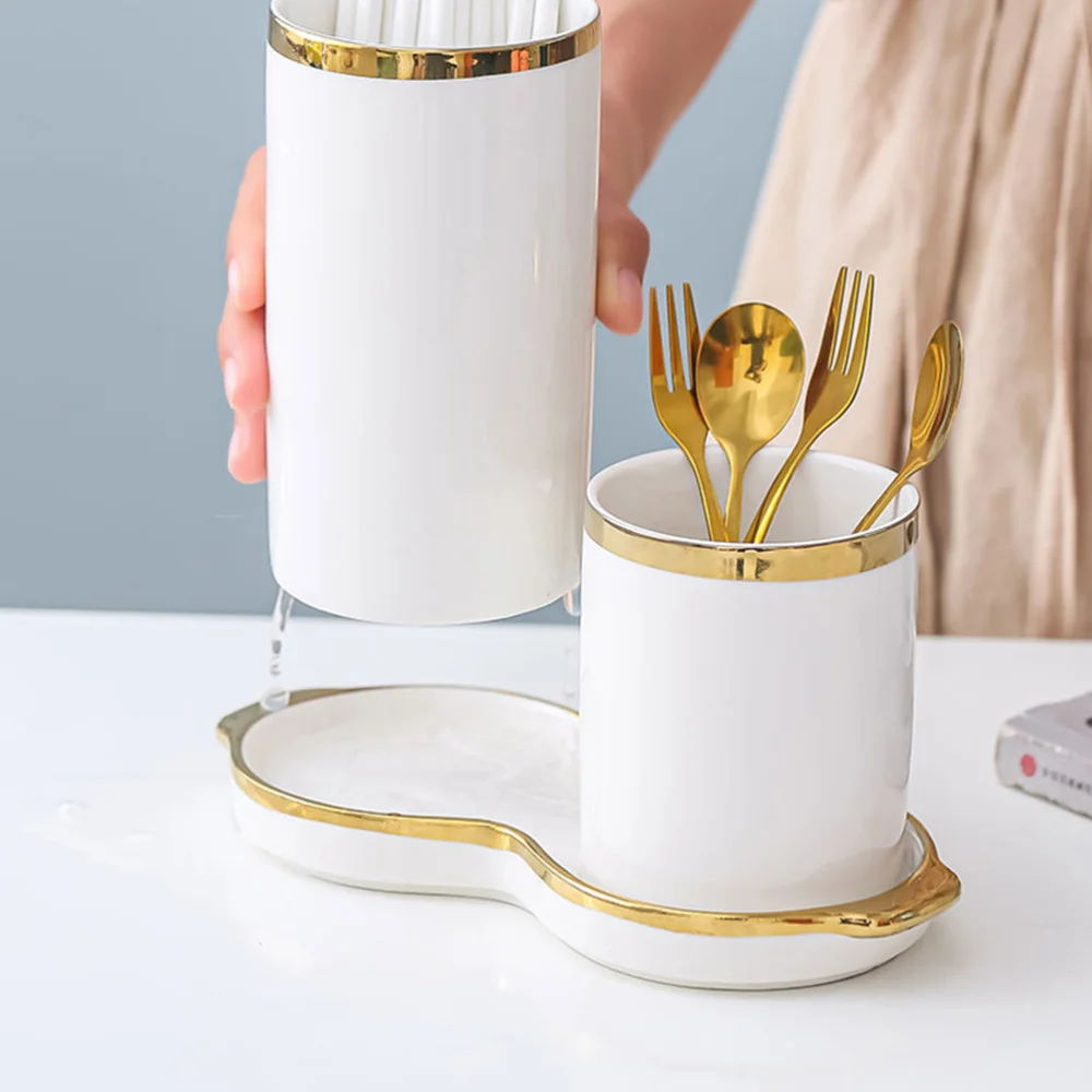 

1 Set Chopsticks Draining Rack Ceramic Chopsticks Forks Storage Holder (White)