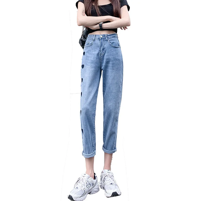 

Summer Girls Young Style Haren Pants Women Thin Denim Ankle Length Jeans Loving Heart Embroidery Regular Slimmer Look Trousers