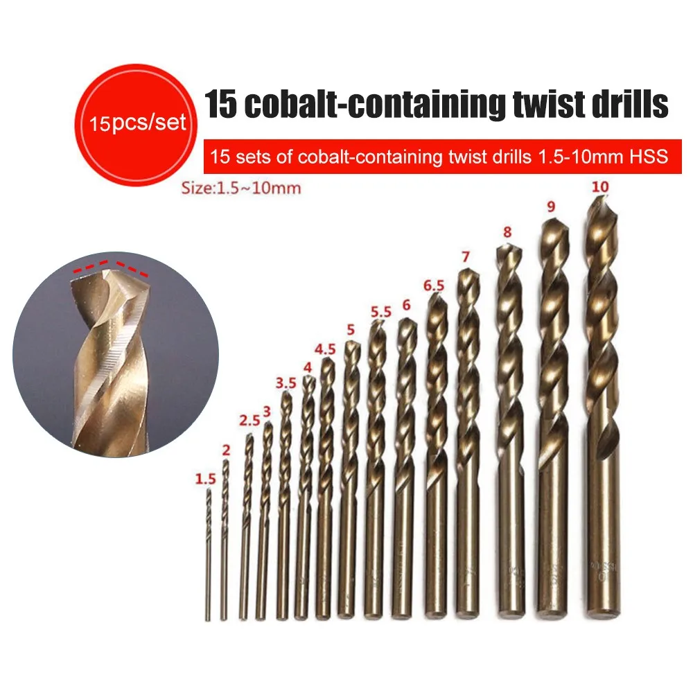 

Набор сверл кобальтовых из быстрорежущей стали высокой твердости, 15 шт./компл. M35, спиральные сверла из нержавеющей стали 1,5 мм-10 мм, заземляю...