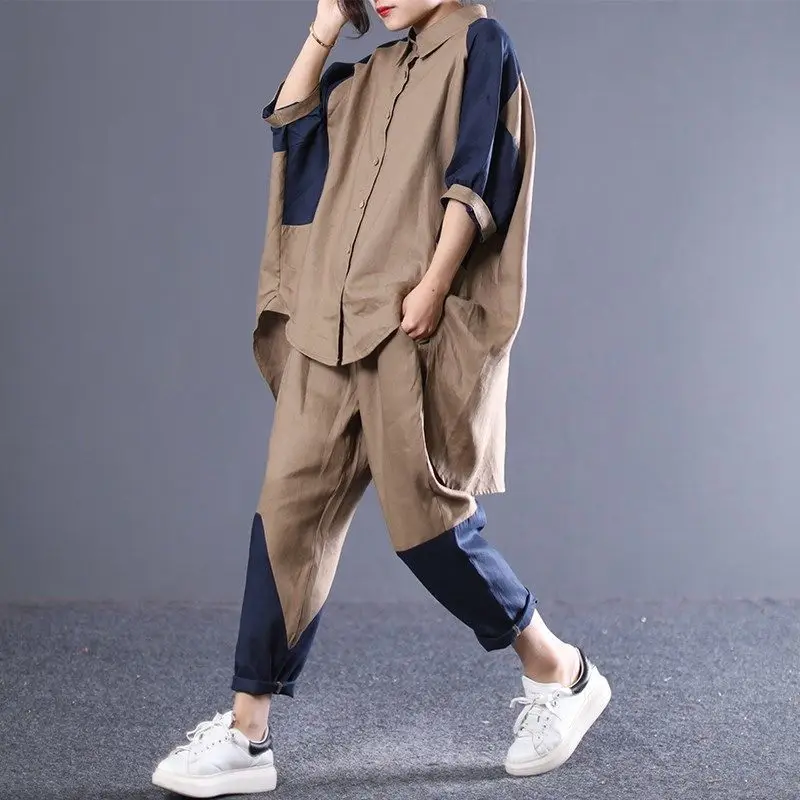 Conjunto de 2 piezas formado por Camisa de algodón y lino para mujer, chándal holgado coreano de talla grande, primavera y verano, zh639