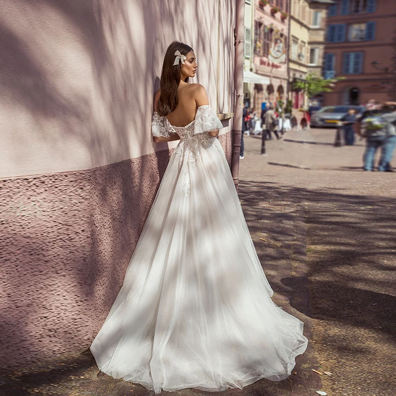 

Charming Off-shoulder A-line Lace Wedding Gown Sweep Train Robe de Mariage 2020 Customized Bridal Dress