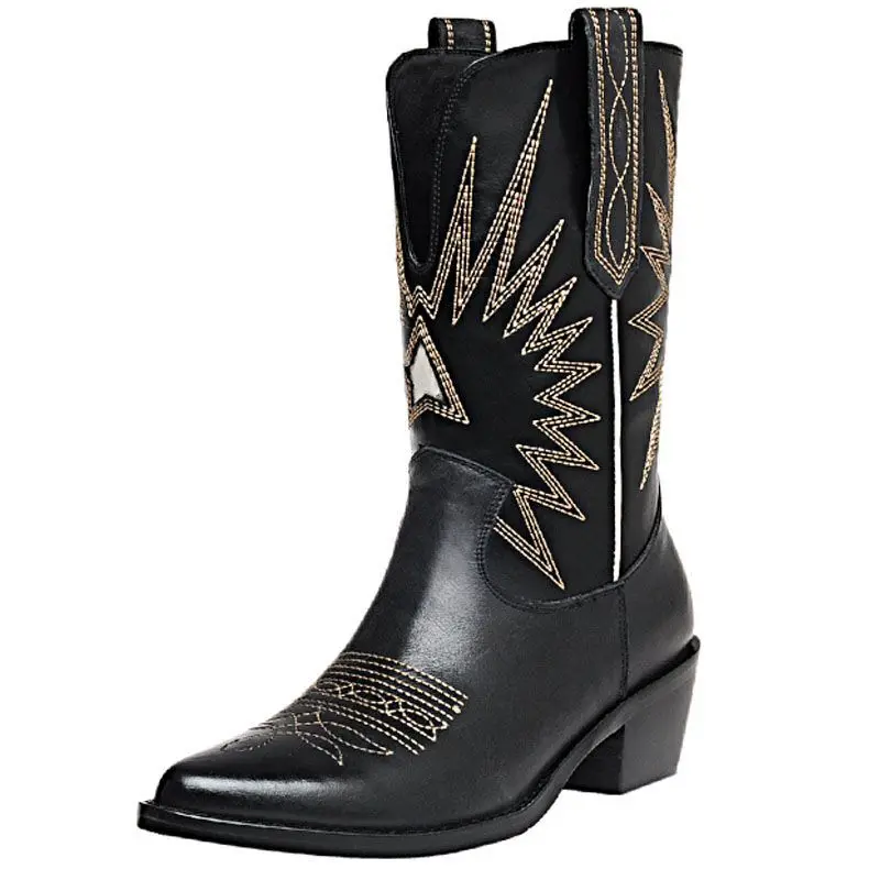 

National style new pointed embroidery color matching leather thick heel show thin boots women's personality medium heel sleeve