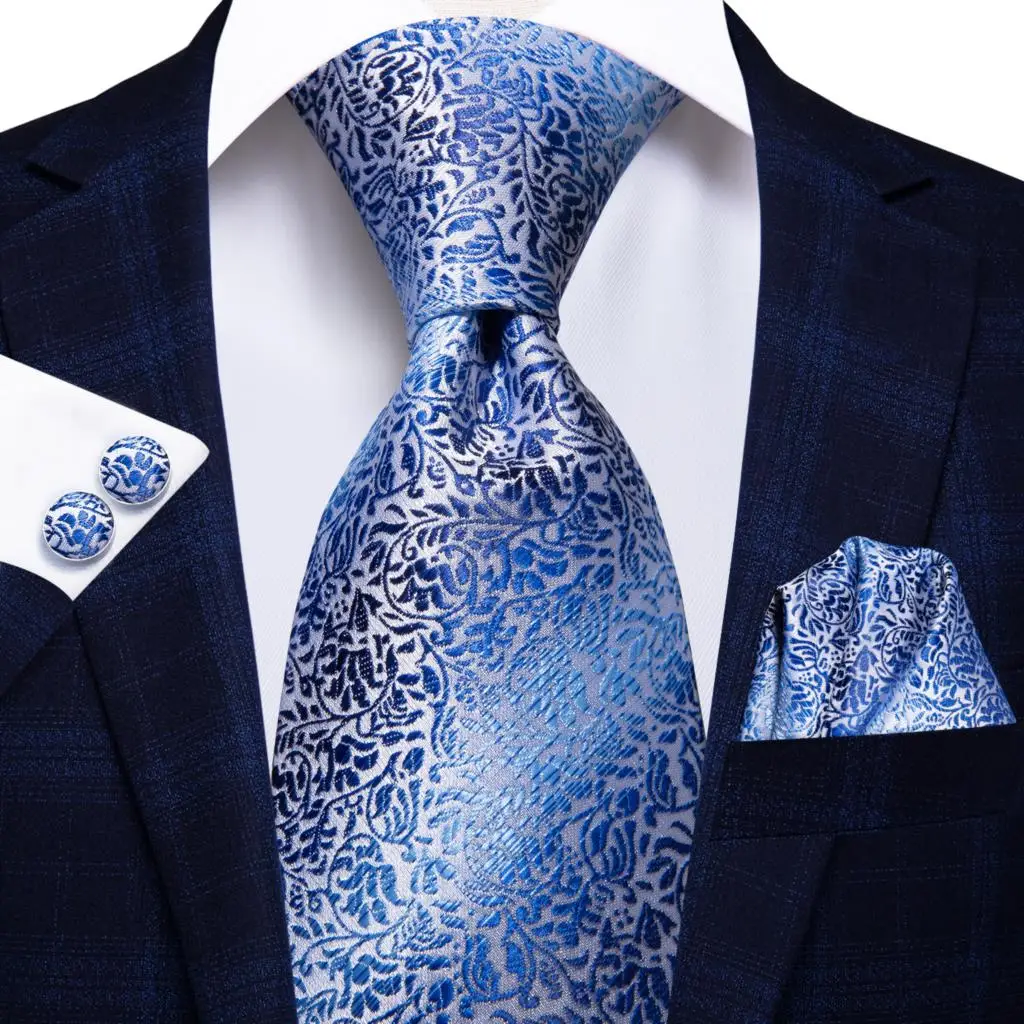 Фото Синий полосатый Шелковый Свадебный галстук с цветочным принтом для мужчин