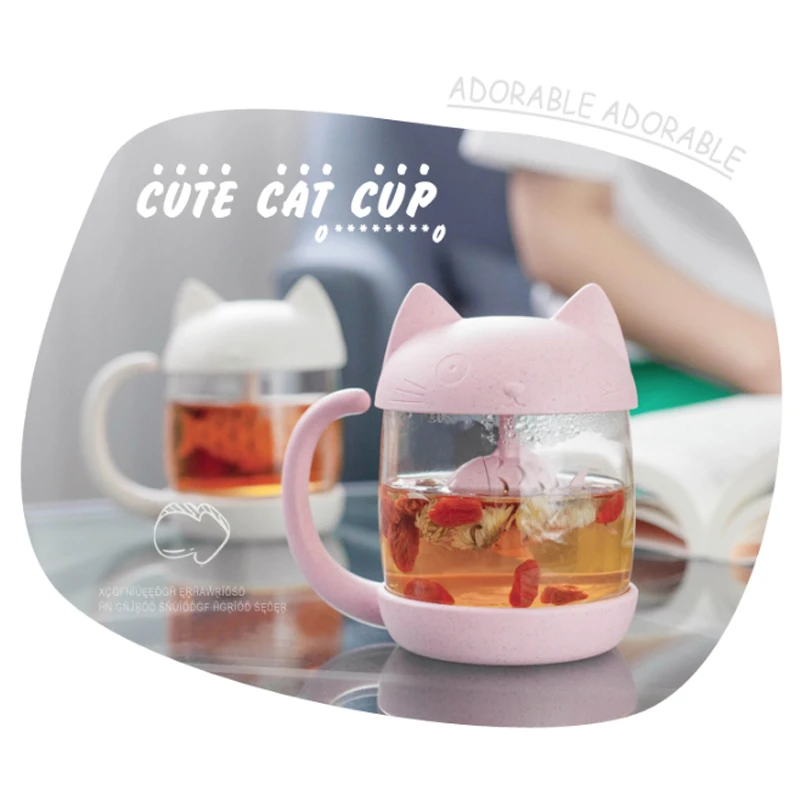 

Cute Cat 250ml Glass Cup Tea Mug With Fish Infuser Strainer Filter Tea Cups Home Offices Drinkware Teaware Kitchen Accessories
