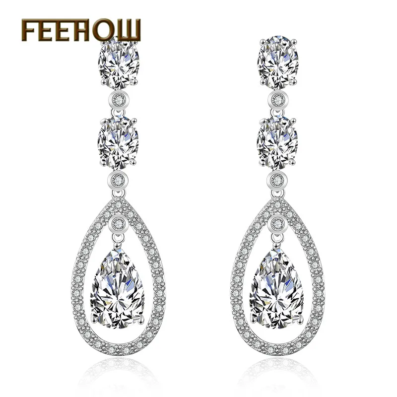 FEEHOW модные круглые и каплевидные циркониевые Висячие серьги для женщин
