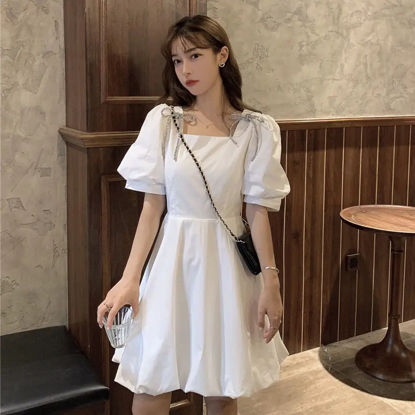 

Summer Mini Dress For Women White Puff Sleeve Korean Style Fairy Dress Bows Chiffon Japan Kawaii Elegant Vintage Party Dress